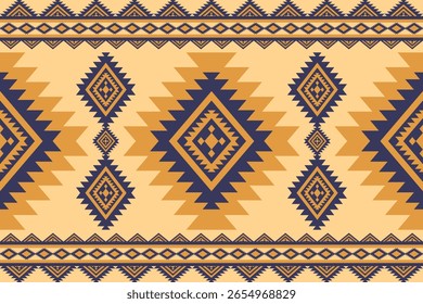A symmetrical Southwestern geometric pattern with repeating diamond and zigzag motifs in shades of gold and navy blue against a light beige background