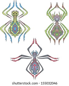Symmetrical spider tattoos. Set of color vector illustrations.