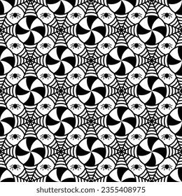 Symmetrical spider web and lollipop candy seamless pattern. Modern geometric halloween background. Minimal spooky holiday texture. Gift wrapping, home decor and textiles. Social media element.