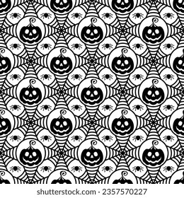 Symmetrical spider web and pumpkin seamless pattern. Modern geometric halloween background. Minimal spooky holiday texture. Gift wrapping, home decor and textiles. Social media element.