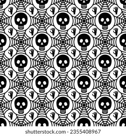 Symmetrical spider web and skull seamless pattern. Modern geometric halloween background. Minimal spooky holiday texture. Gift wrapping, home decor and textiles. Social media element.