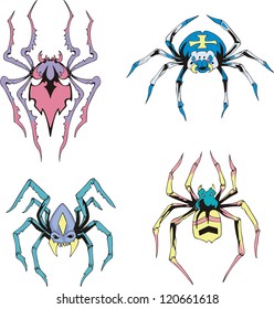 Symmetrical spiders. Set of color vector illustrations.