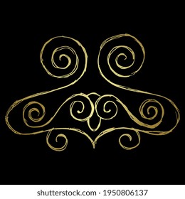 Symmetrical spiral Viking ornament. Golden silhouette on black background.