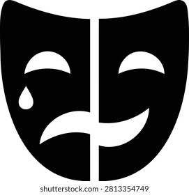 Symmetrical Split Face Silhouette Of Tragedy And Comedy Masks with Tear Details. Ideal For Performing Arts, Scriptwriters, and Classic Drama.
