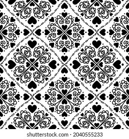 cuadrado simétrico sin costuras. líneas negras y corazones en blanco. diseño textil