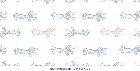 Symmetrisches Tintenfisch-Muster auf weißem Hintergrund. Nautisches Thema Textildesign. Design für Strandhaus-Dekor, Küsten-Themen-Bekleidung und Marine-Accessoires.