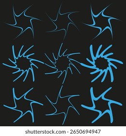 Symmetrical starburst composition. Neon blue luminescence. Uniform black background. Technological vector illustration.