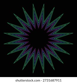 Symmetrical starburst pattern with layered neon lines against a dark backdrop.