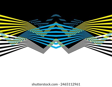 Symmetrical striped vector pattern. Straight broken colored lines - blue, yellow and black. Vector background with transition from black to white