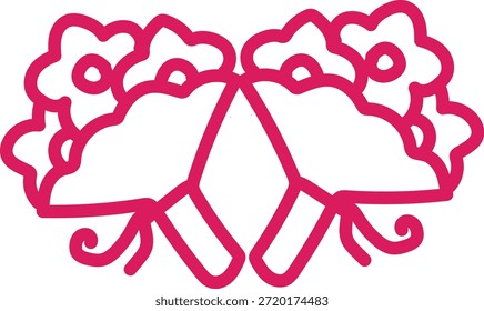Un esquema simétrico y estilizado en un rosa vibrante, con Elementos florales o decorativos abstractos dispuestos de manera espejada sobre un fondo blanco limpio.