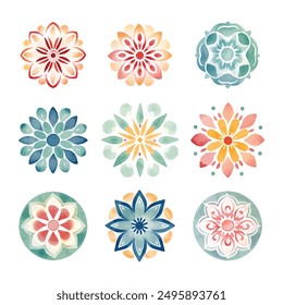 Mandala de acuarela estilizada simétrica. Mandala de flor de acuarela delicada, Clipart de mandala de acuarela floral, ilustración de acuarela de mandala musulmán concepto de Ramadán, Mandal artesanal