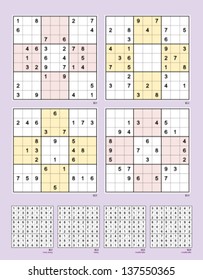 Symmetrical Sudoku. Reflective. Vector set n.54. Easy and moderate. 32, 30, 28, 26 clues.