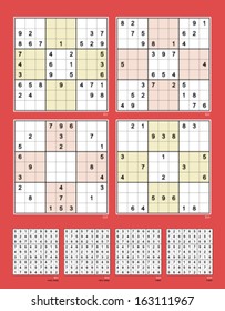 Symmetrical Sudoku. Reflective. Vector set n.57. Very easy and hard. 34, 32, 24, 22 clues. 
