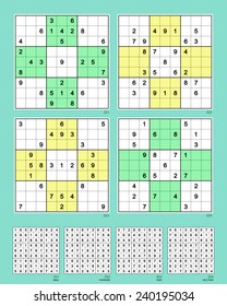 Symmetrical Sudoku. Reflective. Vector set n.78. Easy, moderate, hard, very hard. 29, 27, 27, 25 clues. 