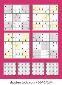 Symmetrical Sudoku vector set. Easy & Medium, 30, 27, 25, 24 clues