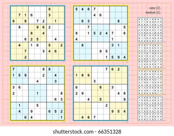 Symmetrical Sudoku vector set. Easy & medium. 30, 29, 27, 24 clues.