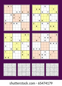 Symmetrical Sudoku vector set. Medium difficulty. 20, 22, 20, 22 clues.