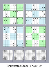 Symmetrical Sudoku. Vector set n.40. Very easy and easy. 30, 28, 24, 22 clues.