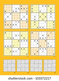 Symmetrical Sudoku. Vector set n.42. Easy and hard. 28, 26, 24, 22 clues.