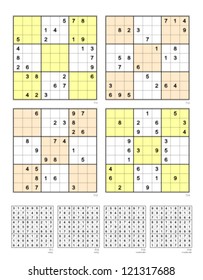 Symmetrical Sudoku. Vector set n.46. Easy and moderate. 26, 24, 24, 26 clues.