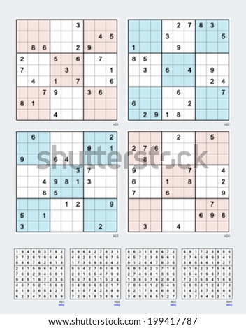 Symmetrical Sudoku. Vector set n.60. Easy. 25, 24, 23, 22 clues. 