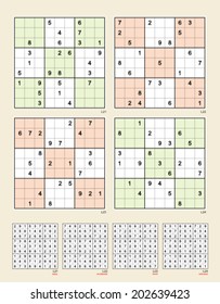 Symmetrical Sudoku. Vector set n.64. Easy, moderate, hard, extreme. 26, 25, 24, 23 clues. 