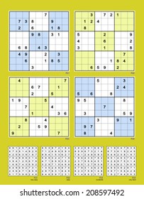 Symmetrical Sudoku. Vector set n.68. Very easy, easy, moderate, very hard. 26, 25, 22, 21 clues. 