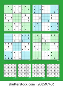 Symmetrical Sudoku. Vector set n.70. Very easy and moderate. 28, 22, 28, 22 clues. 