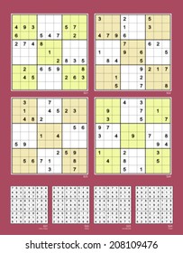 Symmetrical Sudoku. Vector set n.71. Very easy, easy, moderate, hard. 29, 28, 26, 25 clues.