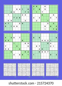 Symmetrical Sudoku. Vector set n.72. Easy, moderate, hard, very hard. 25, 24, 23, 22 clues. 