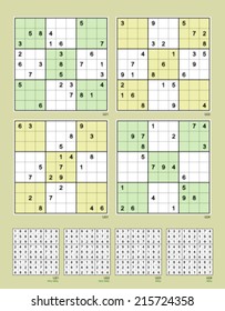 Symmetrical Sudoku. Vector set n.73. Very easy and easy. 27, 27, 21, 21 clues. 