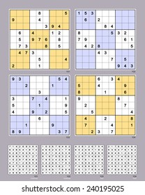 Symmetrical Sudoku. Vector set n.77. Moderate and hard. 27, 26, 25, 24 clues. 