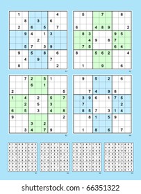 Symmetrical Sudoku vector set. Reflective. Easy. 27, 28, 29, 30 clues.
