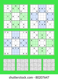Symmetrical Sudoku vector set. Reflective. 26, 26, 24, 24 clues. Easy and moderate.