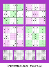 Symmetrical Sudoku vector set. Very Easy & Easy. 30, 29, 28, 27 clues