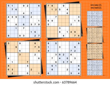 Symmetrical Sudoku vector set. Very easy & very hard. 30, 24, 22, 30 clues.