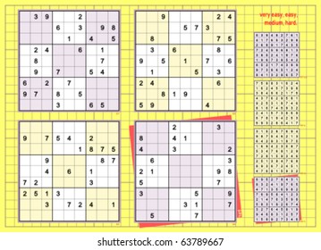 Symmetrical Sudoku vector set. Very easy, easy, medium, hard. 30, 29, 27, 24 clues.