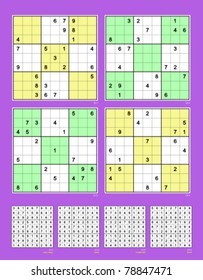 Symmetrical Sudoku vector set. Very easy, easy, moderate, hard. 23, 22, 21, 20 clues.