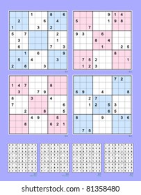 Symmetrical Sudoku vector set. Very easy and easy. 26, 24, 22, 20 clues.