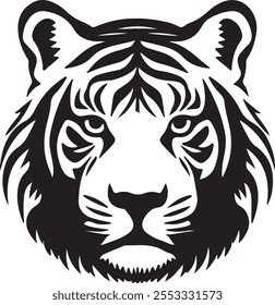 Symmetrical tiger vector logo in black on white, featuring simple shapes and lines. Flat 2D design with no shading or gradients, perfect for branding and graphic design projects. EPS format.