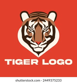 Symmetrical Tiger Vector Logo, White Tiger with Brown Stripes on Red Background