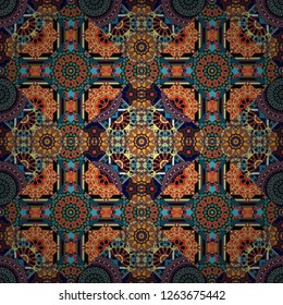 Symmetrical tile design in black, brown and blue colors. Oriental tiles, vector seamless islamic pattern with pretty oriental curves and mandalas details.