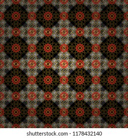 Symmetrical tile design in black, gray and orange colors. Oriental tiles, vector seamless islamic pattern with pretty oriental curves and mandalas details.