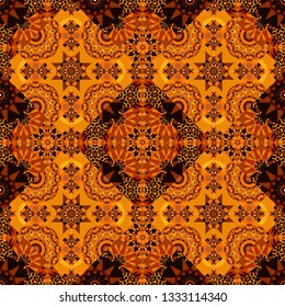 Symmetrical tile design in black, orange and brown colors. Oriental tiles, vector seamless islamic pattern with pretty oriental curves and mandalas details.