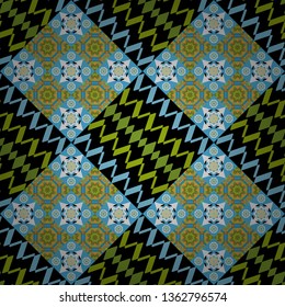 Symmetrical tile design in blue, black and green colors. Oriental tiles, vector seamless islamic pattern with pretty oriental curves and mandalas details.