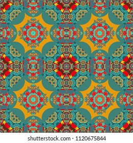 Symmetrical tile design in blue, brown and pink colors. Oriental tiles, seamless islamic pattern with pretty oriental curves and mandalas details.