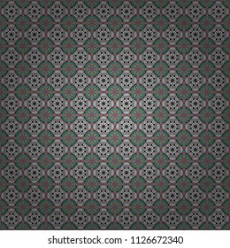 Symmetrical tile design in blue, brown and gray colors. Oriental tiles, vector seamless islamic pattern with pretty oriental curves and mandalas details.