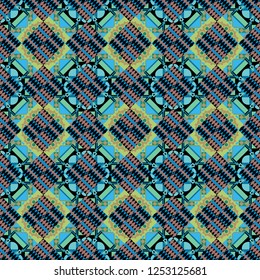 Symmetrical tile design in blue, brown and black colors. Oriental tiles, vector seamless islamic pattern with pretty oriental curves and mandalas details.