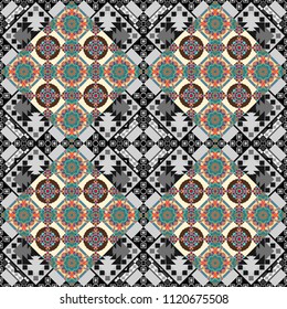 Symmetrical tile design in blue, gray and black colors. Oriental tiles, vector seamless islamic pattern with pretty oriental curves and mandalas details.