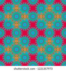 Symmetrical tile design in blue, green and magenta colors. Oriental tiles, vector seamless islamic pattern with pretty oriental curves and mandalas details.